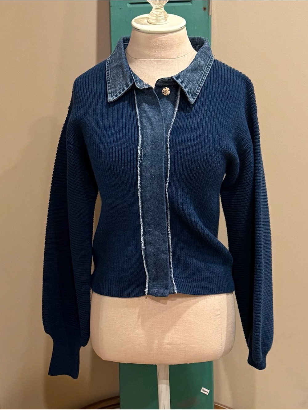 Boheme Navy Ribbed Knit Sweater with Denim Trim